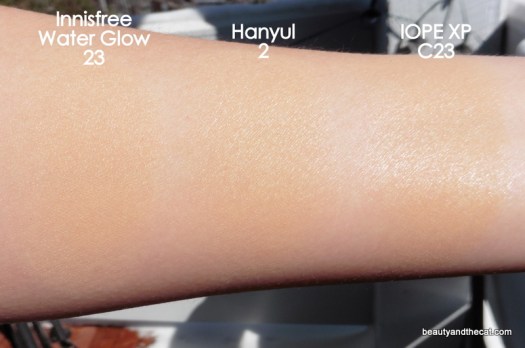 02 Innisfree Water Glow Hanyul Cushion IOPE XP Cushion Comparison Swatches