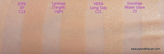 05 IOPE XP Laneige HERA Long Stay Innisfree Water Glow Cushion Swatches Review