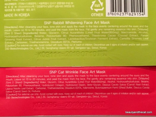 SNP Rabbit Whitening Cat Wrinkle Face Art Mask Ingredients